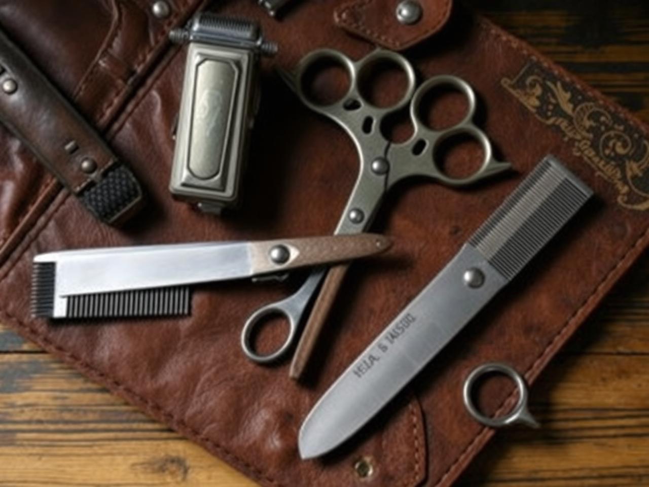 Barber clippers, scissors and combs on a leather tool roll