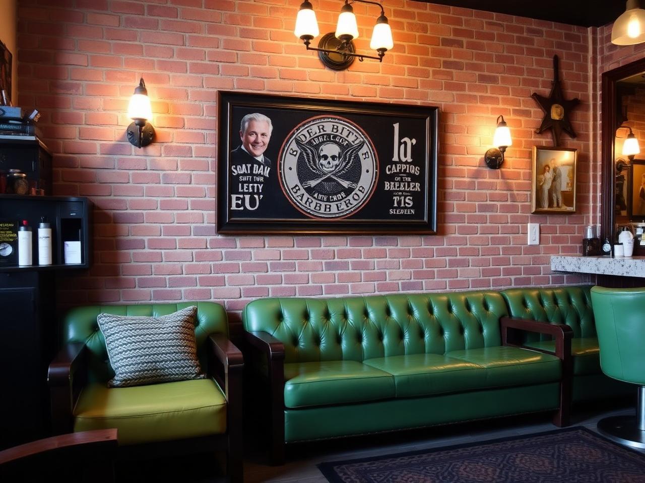 Barbershop waiting room with green couch and exposed brick wall