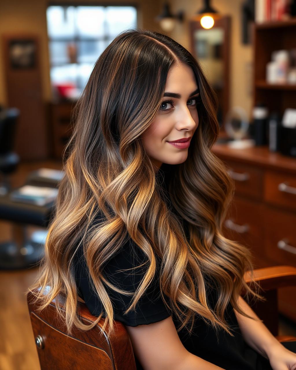 Woman with freshly colored balayage hair after a color service