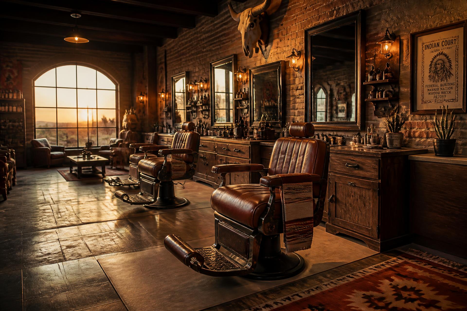 Warm rustic interior of Desert Edge Barbershop with leather barber chairs and brick walls